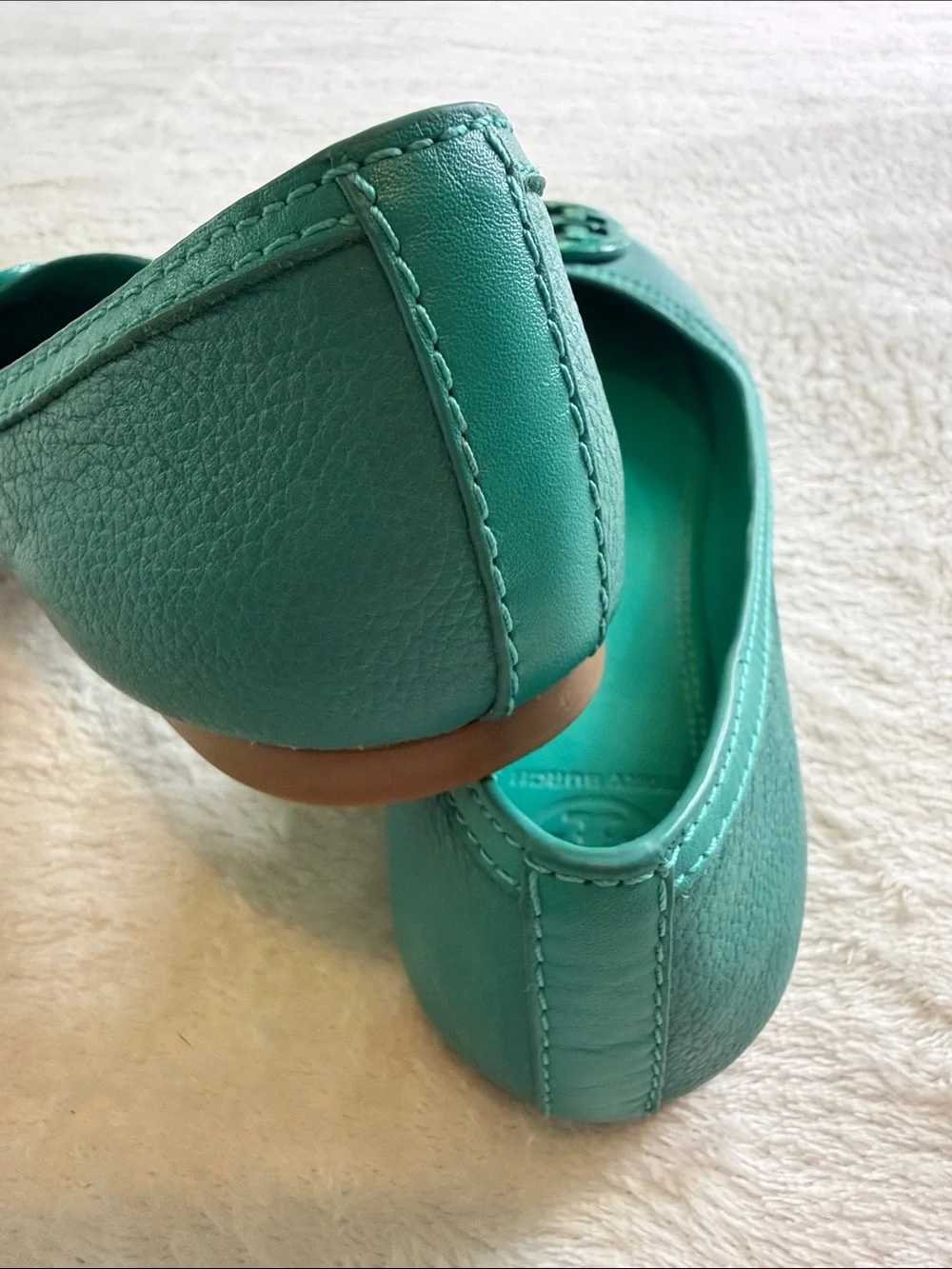 Tory Burch Turquoise Teal Leather Logo Ballet Flats Size 8